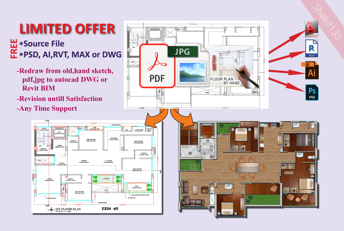 Gig Preview - Convert sketch,pdf,image to autocad dwg and 3d model with revit bim