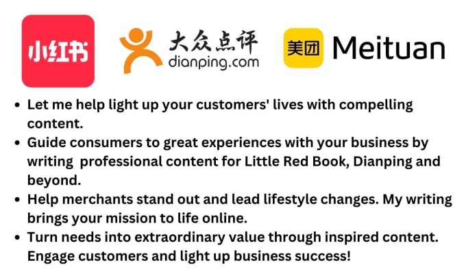 Gig Preview - Promote products via little red book, dianping, meituan