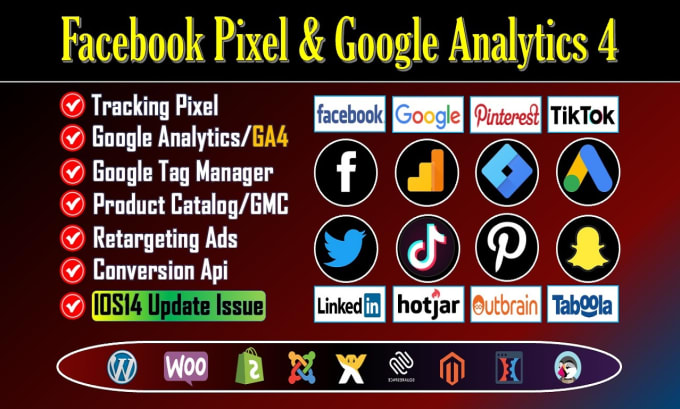 Gig Preview - Setup facebook pixel conversion api, google analytics 4, tag manager tik tok fix