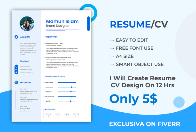 Gig Preview - Create resume cv design creator expert