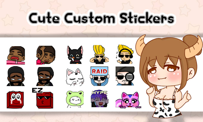 Twitch Emotes / 6 Cute chibi emoji emotes for streamers / kawaii brunette  girl stream emoji gg hype rage lol