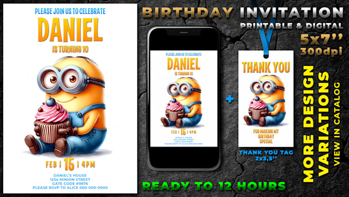 Gig Preview - Design kids birthday party invitation card with minions, printable and digital