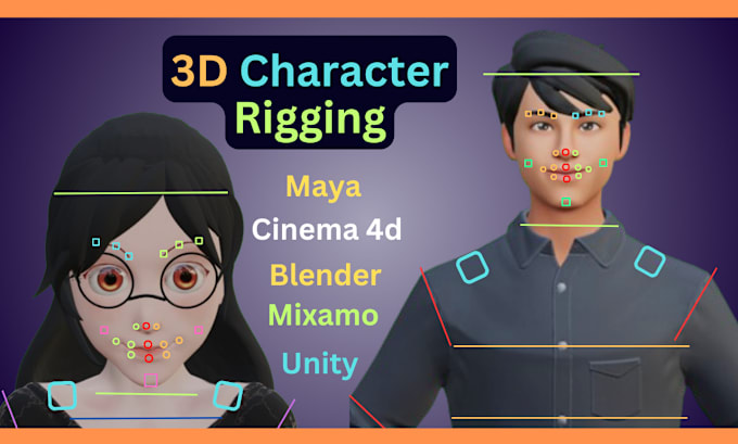 Gig Preview - Do 3d character rigging in maya, cinema 4d , blender, mixamo, unity game engine