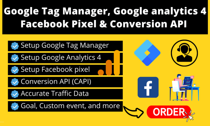 Gig Preview - Do google tag manager, facebook pixel, conversion API, analytics4,setup ga4 GTM