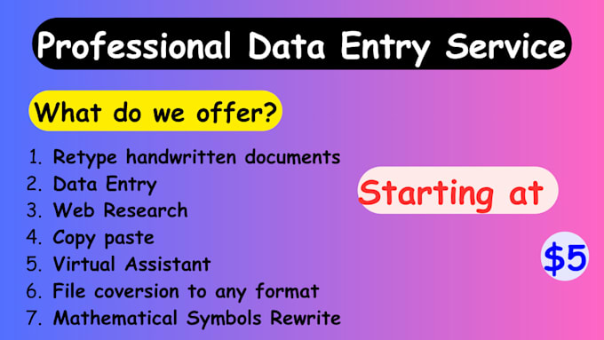 Gig Preview - Be your virtual assistant for data entry, copy paste, web research