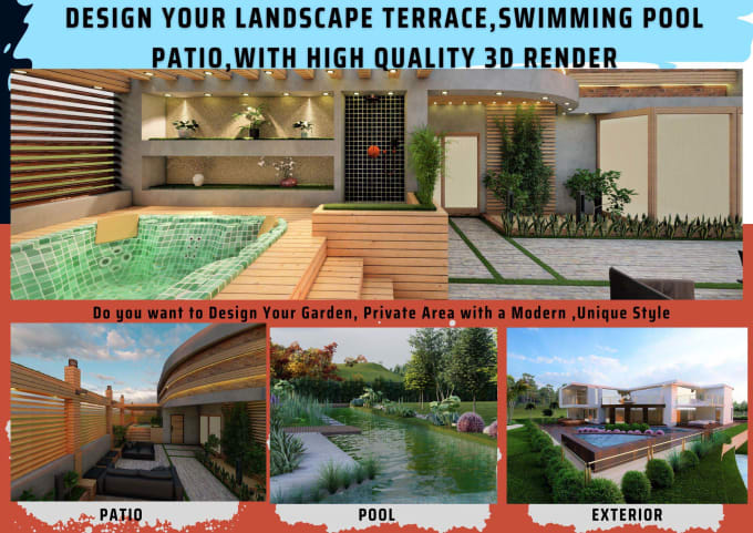 Gig Preview - Design,draw,render your landscape terrace, swimming pool patio,