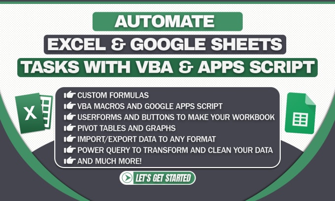 Gig Preview - Automate excel and google sheets tasks with vba ,macros,formulas and apps script