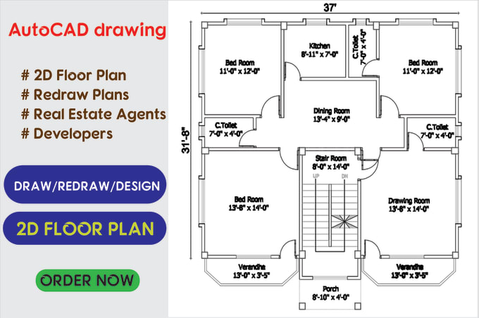 Gig Preview - Create your building 2d floor plan in autocad, convert