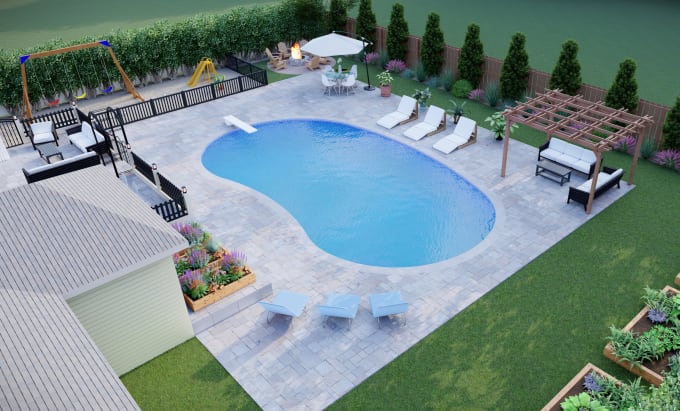 Gig Preview - Do modern 3d backyard landscape design front yard garden pool patio terrace deck