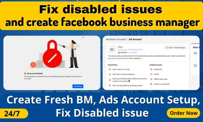 Gig Preview - Fix disabled issues and create facebook business manager, fb ad account,