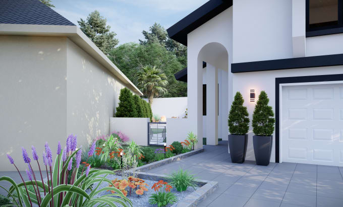 Gig Preview - Do realistic 3d front yard or backyard landscape design garden pool patio render