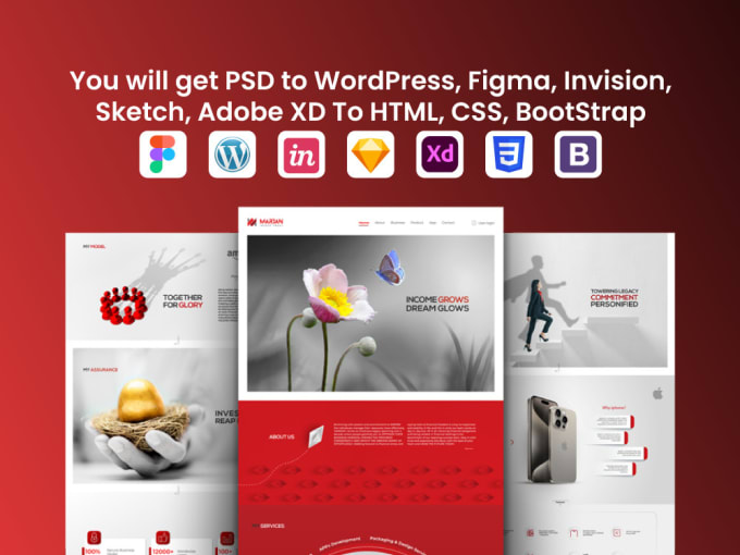 Gig Preview - Do PSD to wordpress, figma, invision, sketch, adobe xd to HTML, CSS, bootstrap