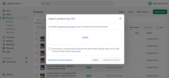 Gig Preview - Bulk import shopify simple or variation products using CSV