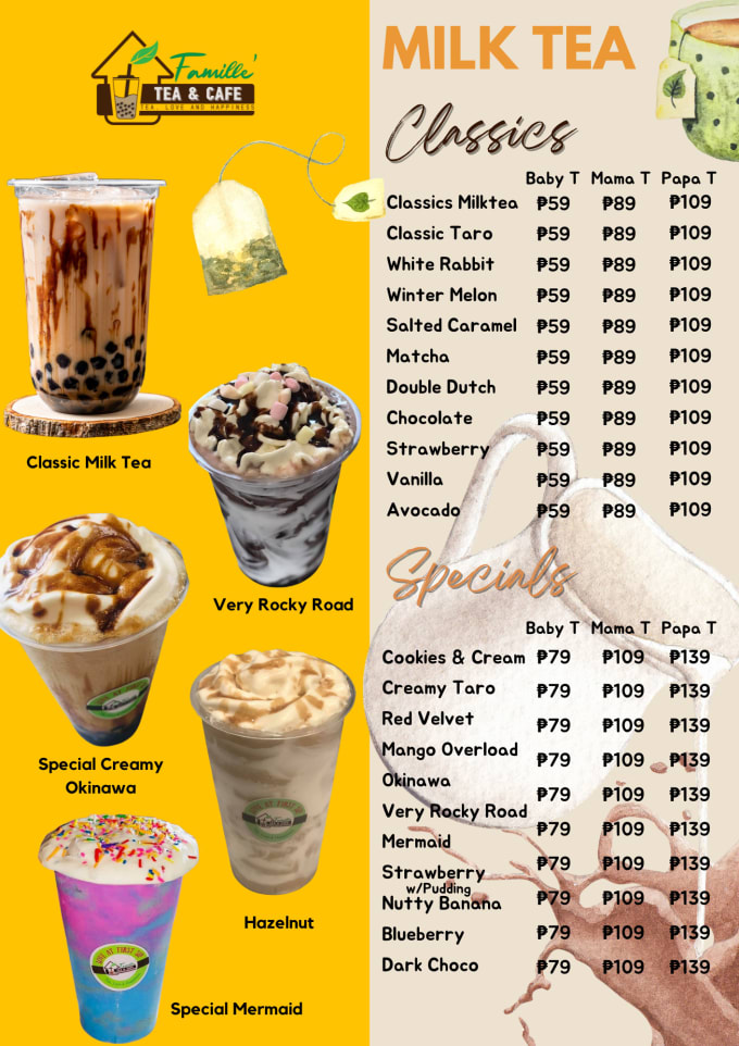 Gig Preview - Design a creative and awesome cafe milk tea, restaurant food menu