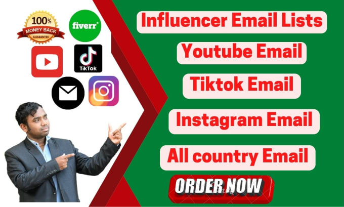 Gig Preview - Find targeted email lists youtube instagram tiktok niche influencers all country