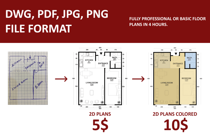 Gig Preview - Do 2d floor plans with furnitures colored, black and white for real estate