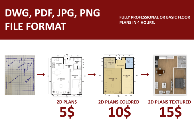 Gig Preview - Draw textured or black and white 2d floor plans from sketch for real estate