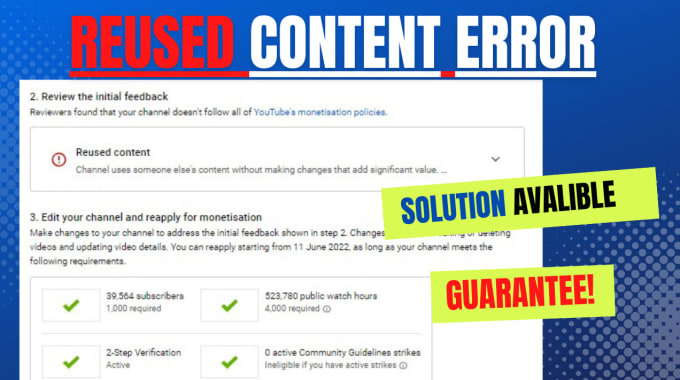 Gig Preview - Fix yt reused content error in youtube channel monetization problem