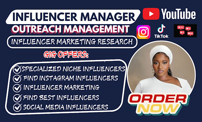 Gig Preview - Be your influencer manager find instagram youtube influencer marketing research