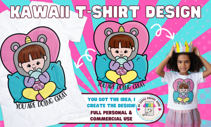 Gig Preview - Design cute custom kawaii cartoon illustration for merch t shirts