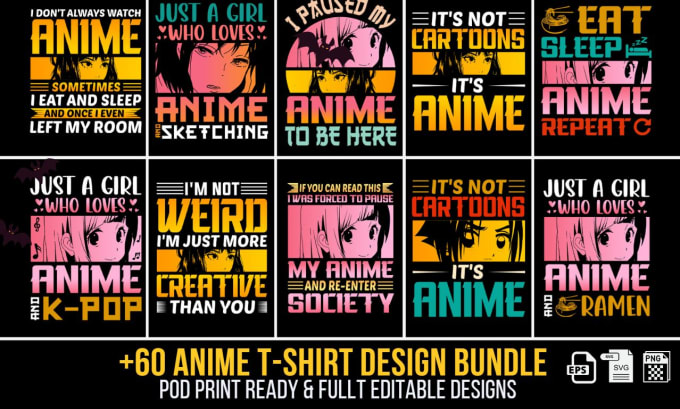 Gig Preview - Provide trendy editable anime pod tshirt designs