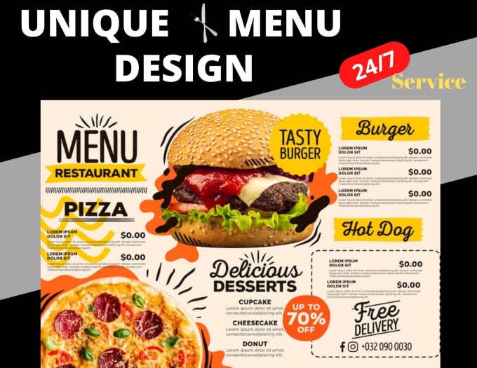 Gig Preview - Design marvelous food menu design, digital menu board and food flyer