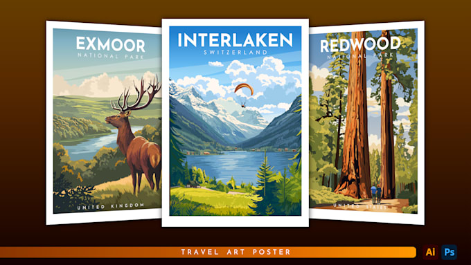 Gig Preview - Create amazing travel posters, vintage, retro, vector landscape illustration