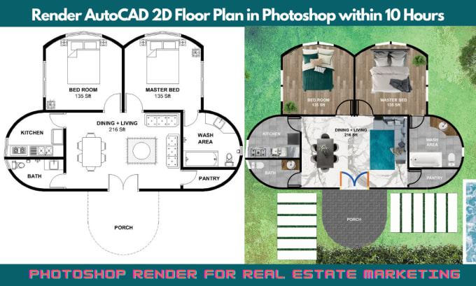 Gig Preview - Render autocad 2d floor plan in photoshop within 10 hours