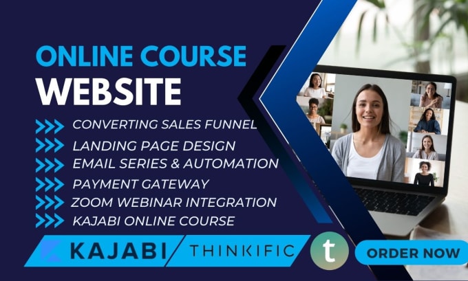 Gig Preview - Online course website, online course sales funnel on kajabi, thinkific,teachable