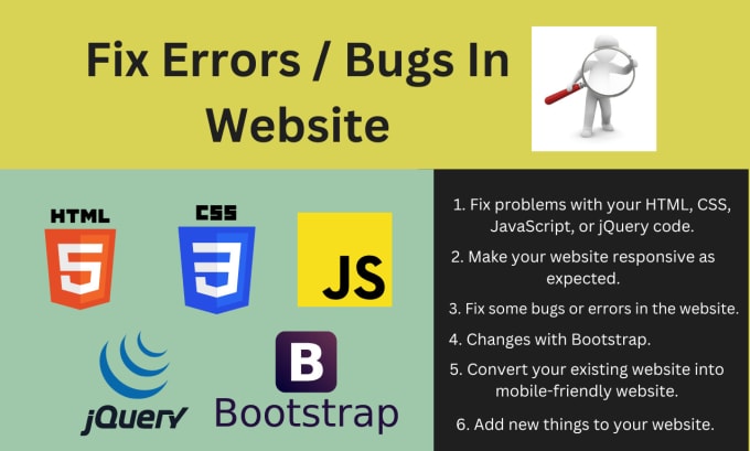 Gig Preview - Fix html, css, js, bootstrap jquery issues within 12 hours