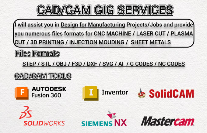 Gig Preview - Do 3d modelling, mastercam, solidcam, solidworks cam, fusion 360 cam