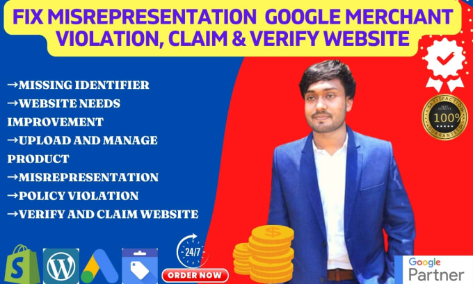 Gig Preview - Fix google merchant misrepresentation, link, verify and claim shopify store gmc