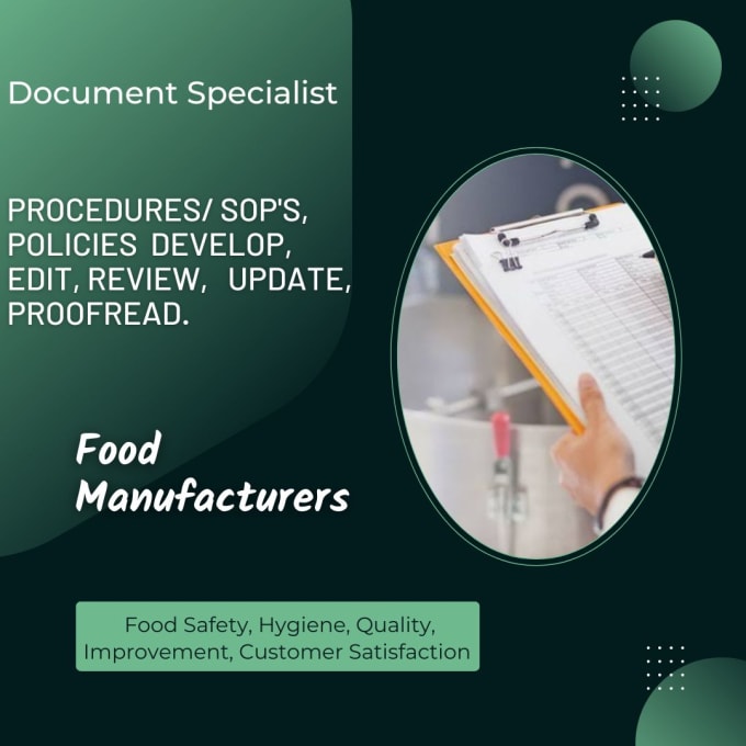 Gig Preview - Prepare standard operating procedures sops for food manufacturing industry