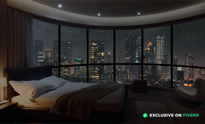 Gig Preview - Create luxury apartment in a rainy night city with rain sound