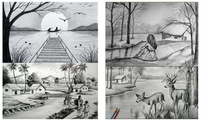 Drawing scenery, Beautiful pencil drawings, Landscape drawings