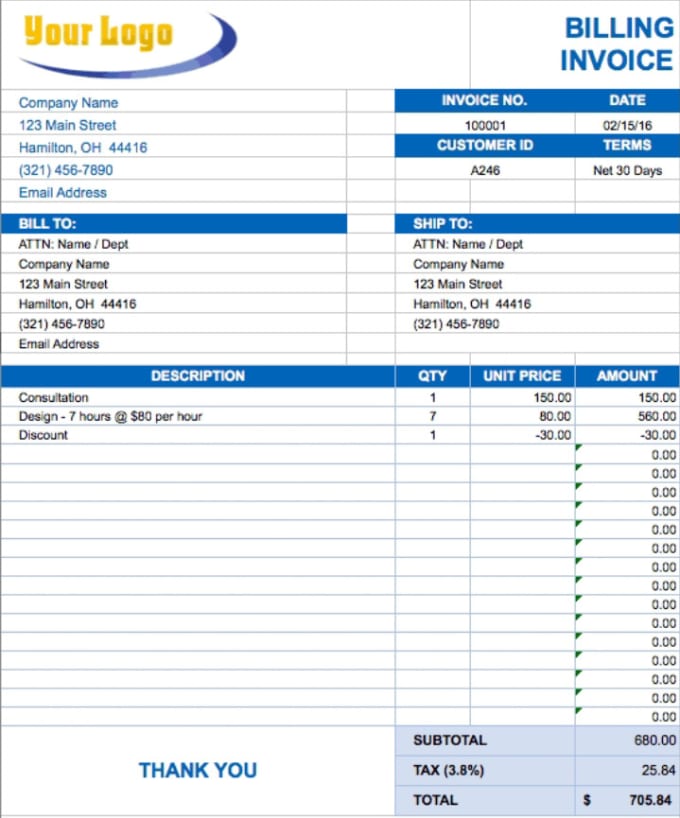 Gig Preview - Design automation microsoft excel invoice and invoice design