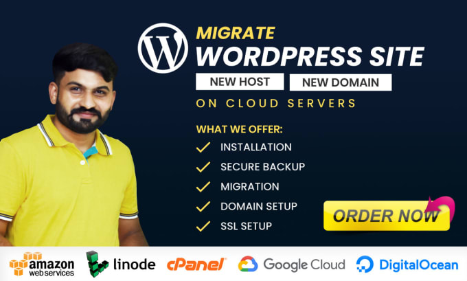 Gig Preview - Do quick migrate, transfer your wordpress site on aws, google or azure cloud