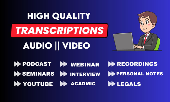 Gig Preview - Transcribe audio to text, video transcription, podcast, youtube transcript