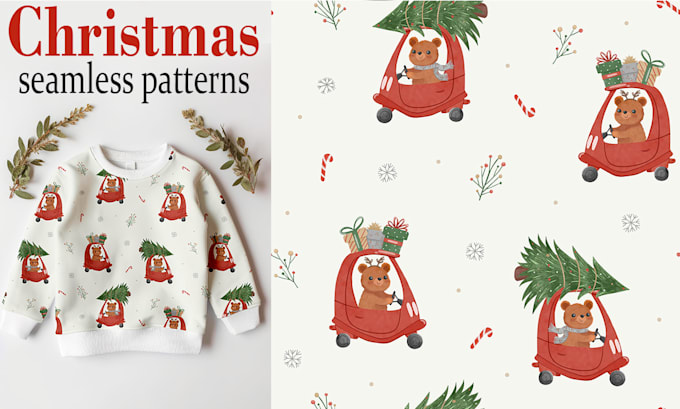 Gig Preview - Do christmas winter seamless patterns for kids clothes, fabric with animals