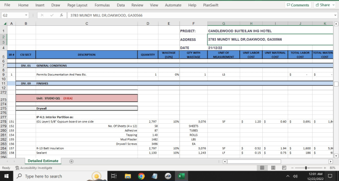 Gig Preview - Do drywall takeoff and cost estimation