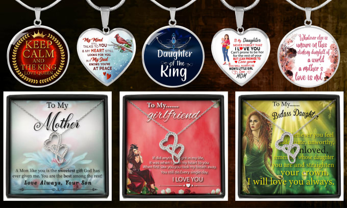 Gig Preview - Do message card design, heart pendant, and dog tag design for shine on necklaces