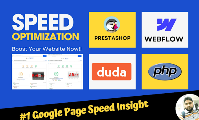 Gig Preview - Speed up webflow, prestashop, PHP, duda for google pagespeed insight