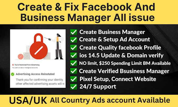 Gig Preview - Create and fix facebook business manager, fb ads manager account