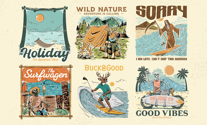 Bestseller - do vintage hand drawn surf and beach design for your t shirt