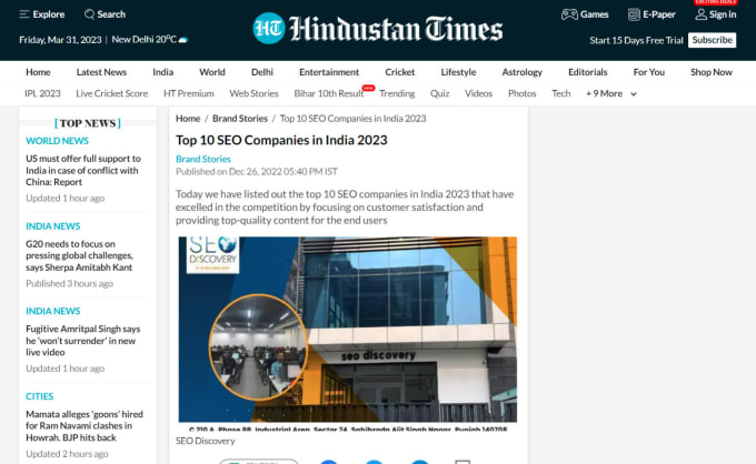 Gig Preview - Publish article on hindustan times with backlinks