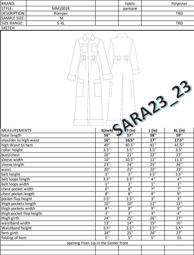 Gig Preview - Create a romper tech pack for you with size chart