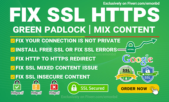 Gig Preview - Install free SSL or fix SSL https green padlock, mix content issue in wordpress