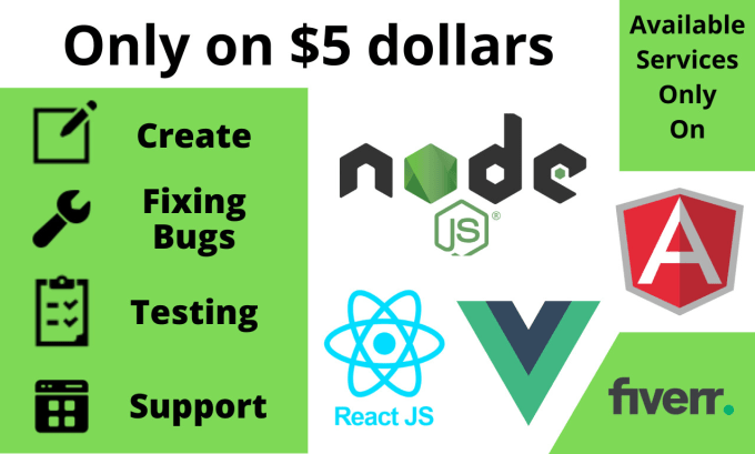 Gig Preview - Develop, fixing bugs, testing apps using javascript nodejs, reactjs, vuejs