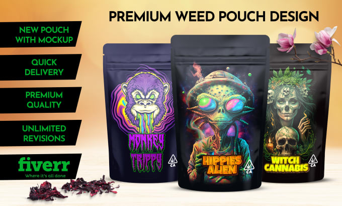 Gig Preview - Do stand up weed pouch, mylar bag, label and packaging design