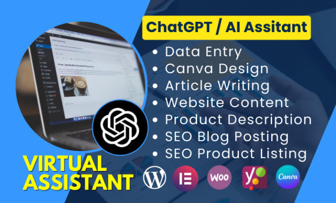 Gig Preview - Be your wordpress and chat gpt virtual assistant for data entry blogs canva post